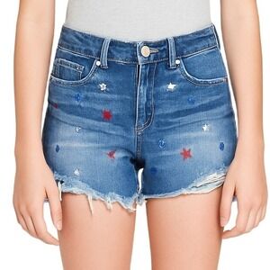 No Boundaries Denim‎ Shorts USA Star Embroidered Distressed Hem Blue Wash NEW 9